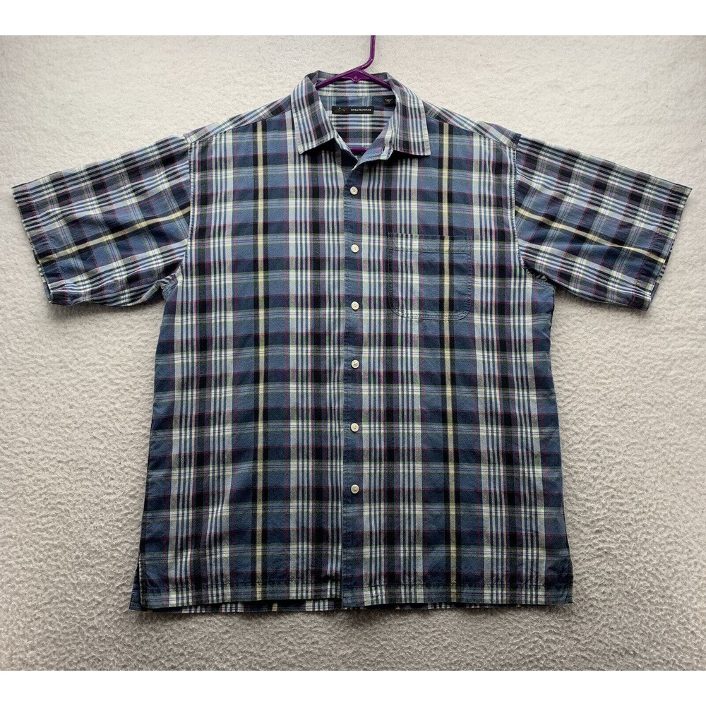 Greg Norman Button Up Shirt Mens Medium Golf Blue White Black Plaid‎ Relaxed Fit